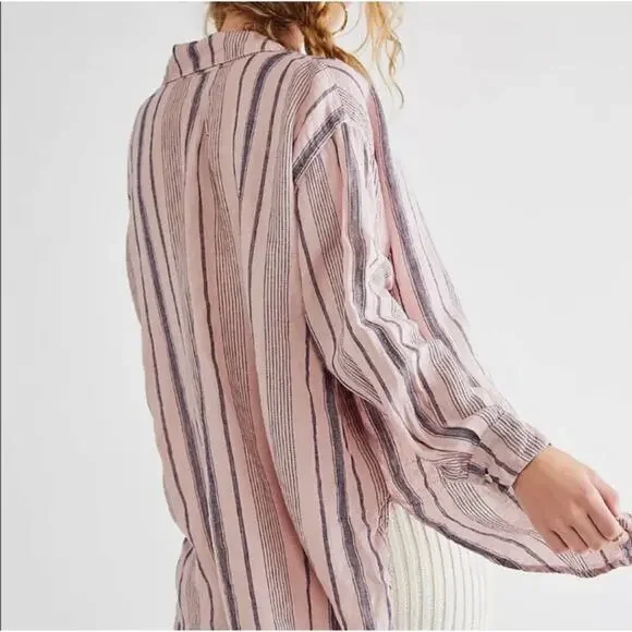 Free People - Ruffle Front Shirt - Extra Large (pink/denim stripe color) - Picture 4 of 15